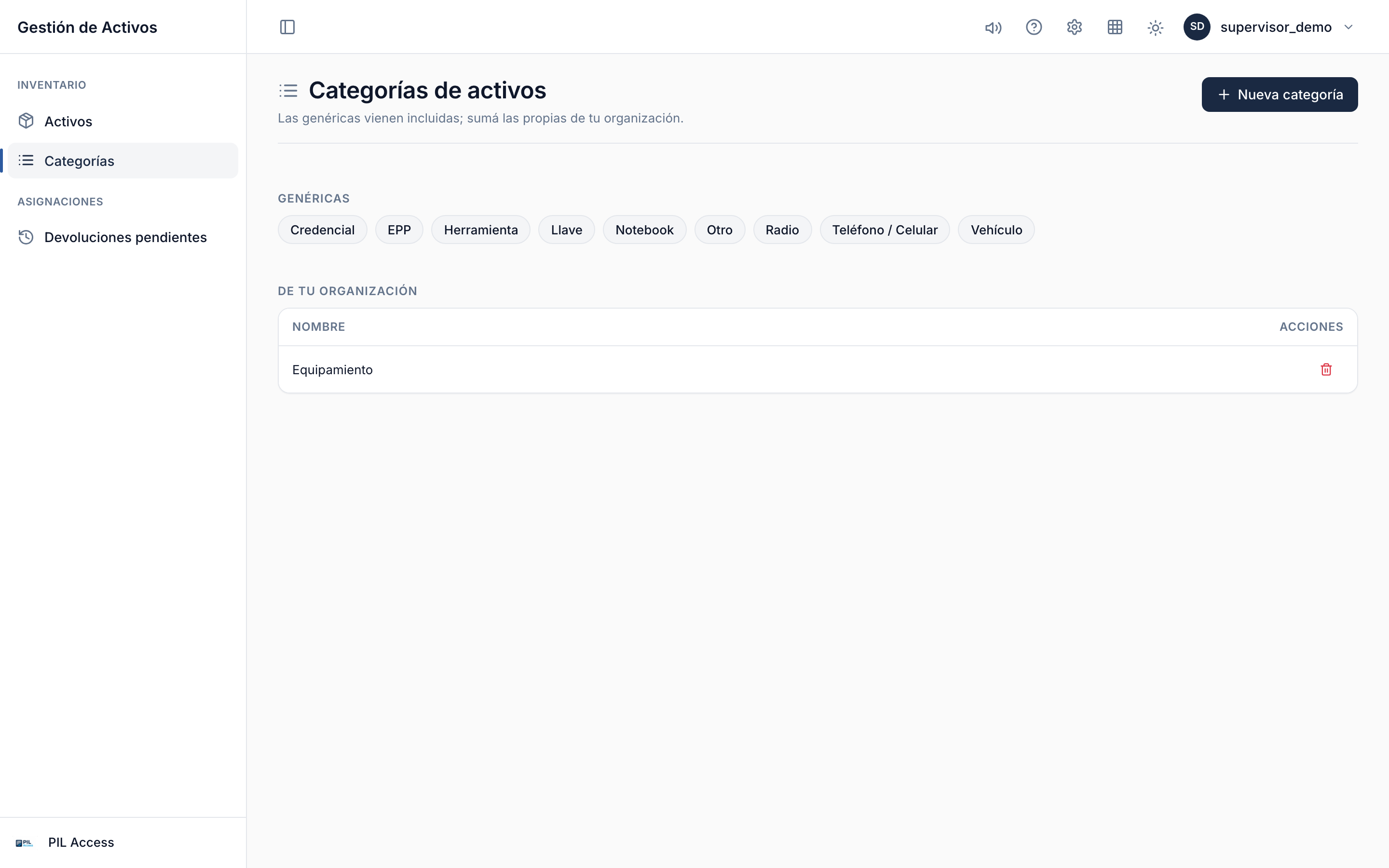 Categorías de activos — las genéricas listas para usar más las propias de tu organización.
