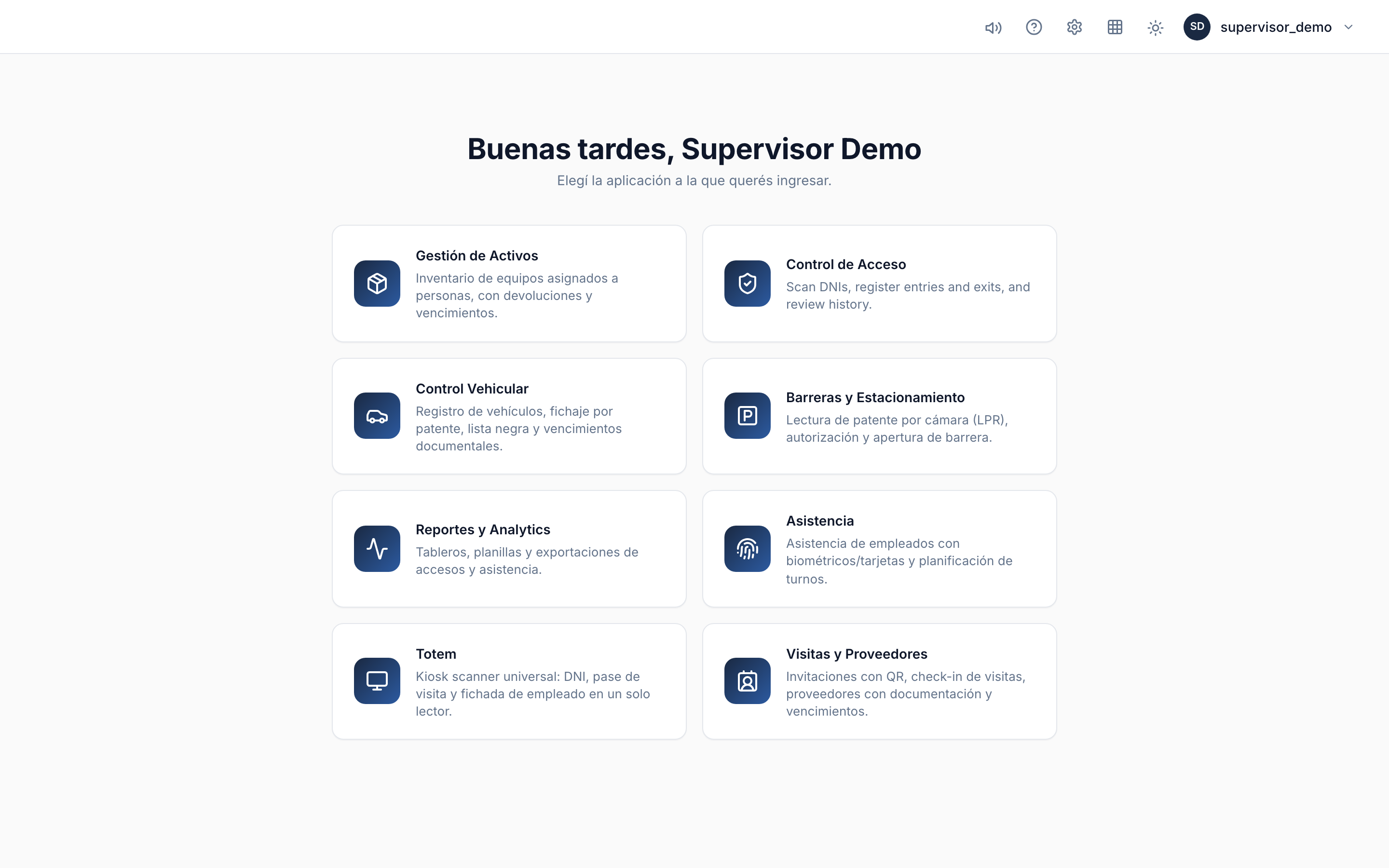 Pantalla de inicio con las aplicaciones disponibles, las que requieren más permisos y las que vienen próximamente.