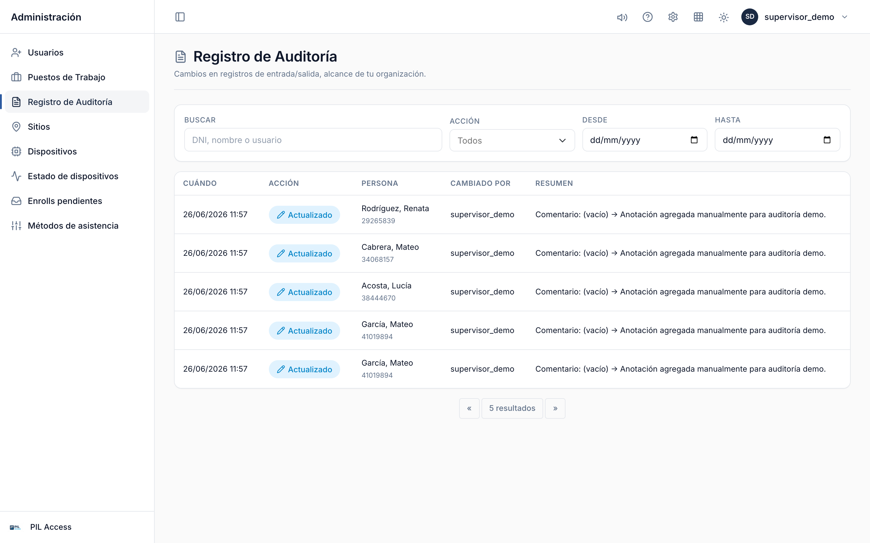 Listado de eventos de auditoría con filtros.