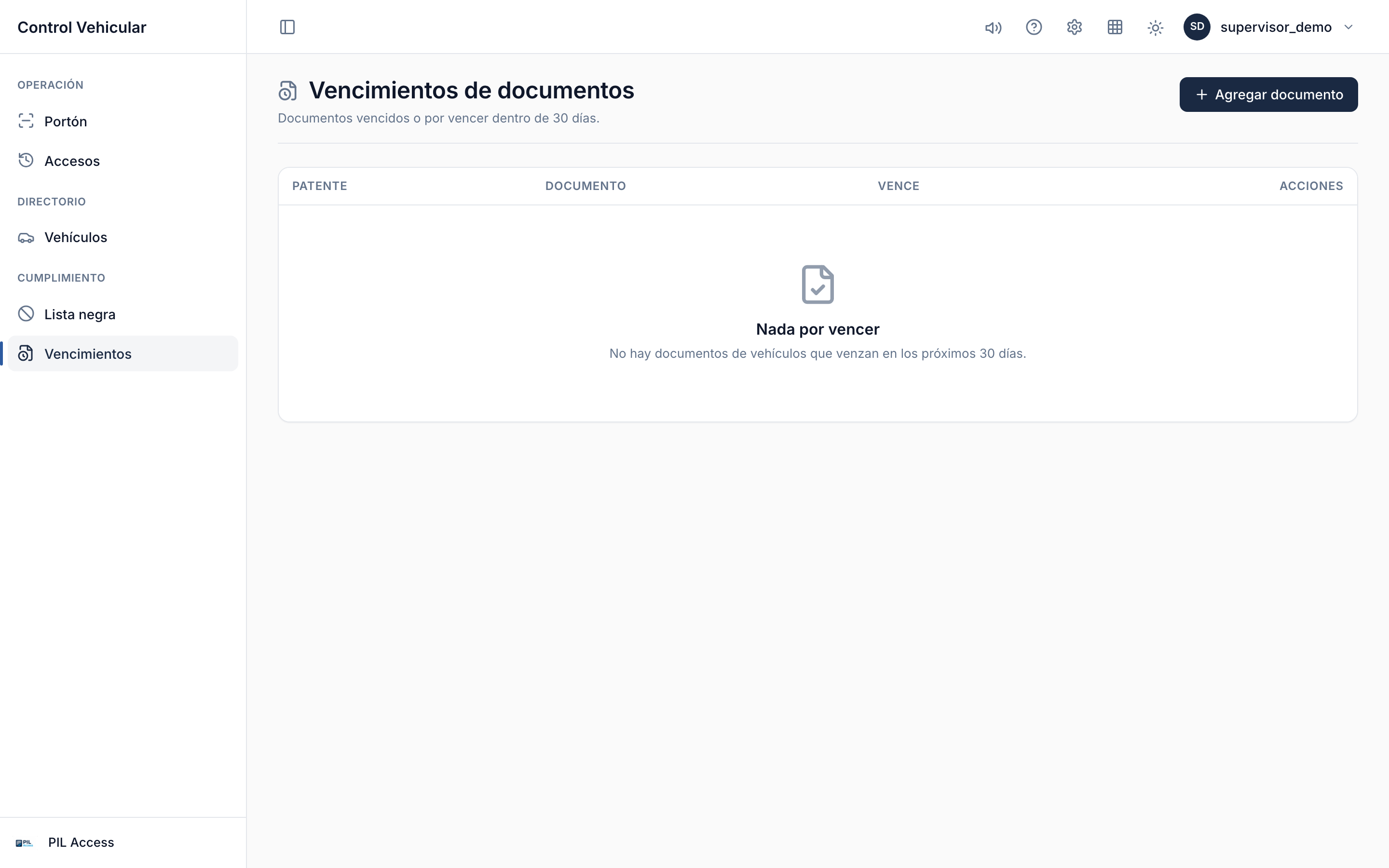 Panel de vencimientos documentales (VTV, seguro, cédulas, licencia).