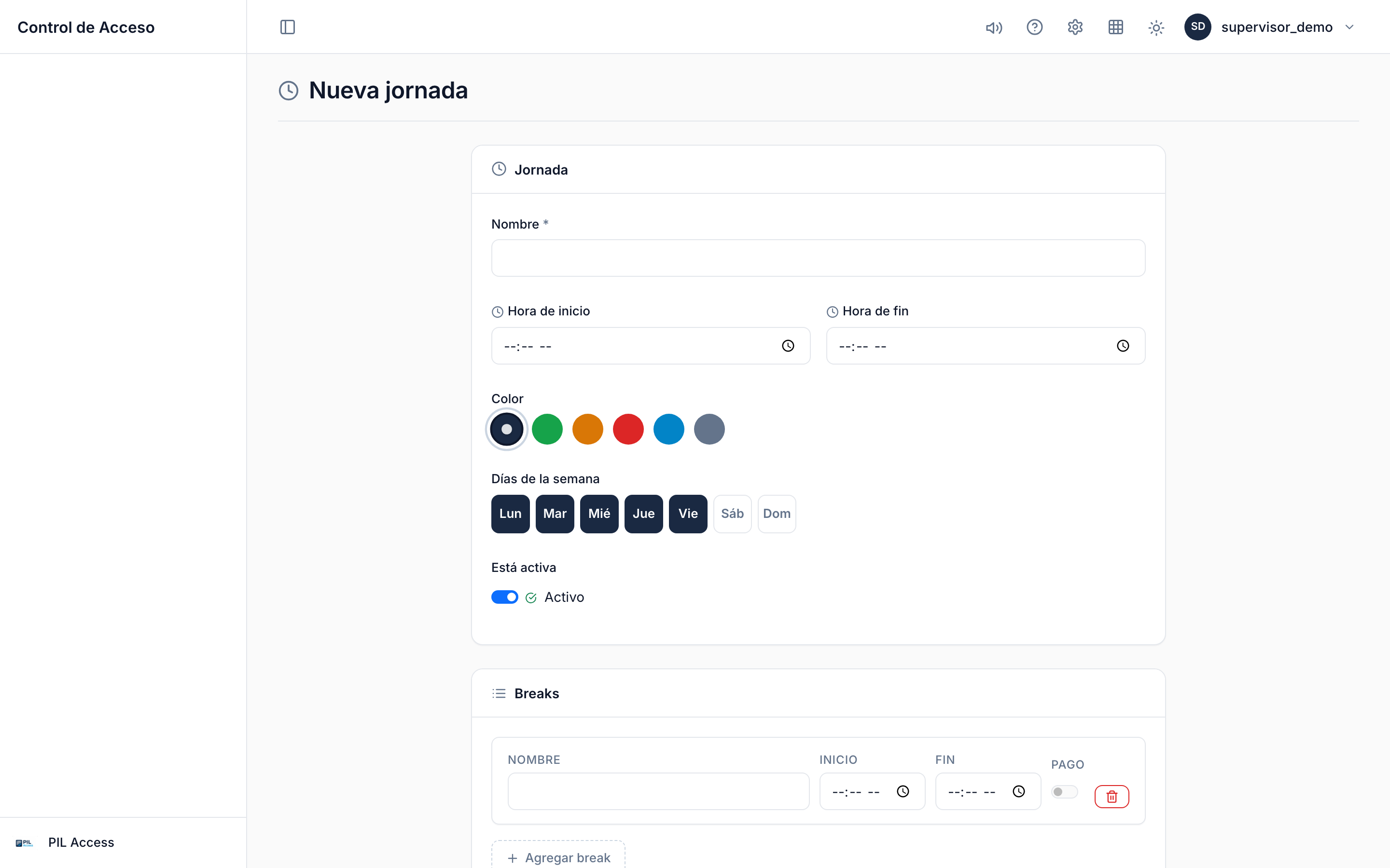 Formulario de una jornada — horario, selector de días, color y editor de descansos.