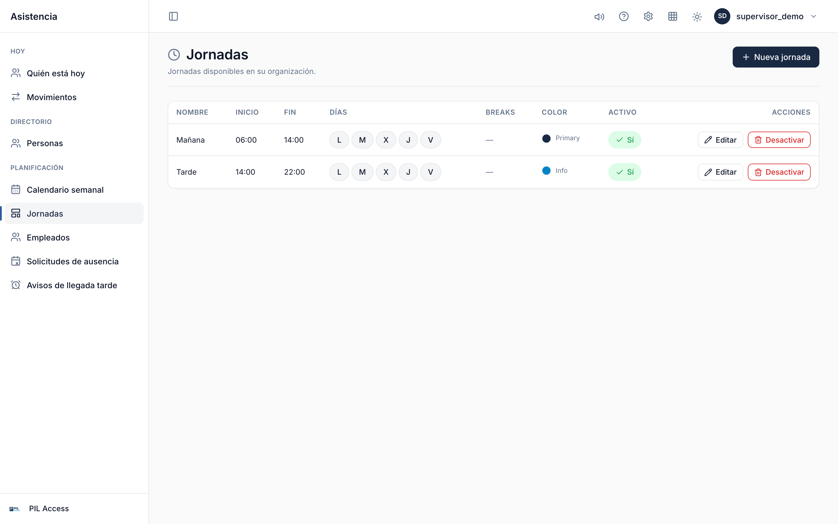 Listado de jornadas con su horario, días, color y estado activo/inactivo.