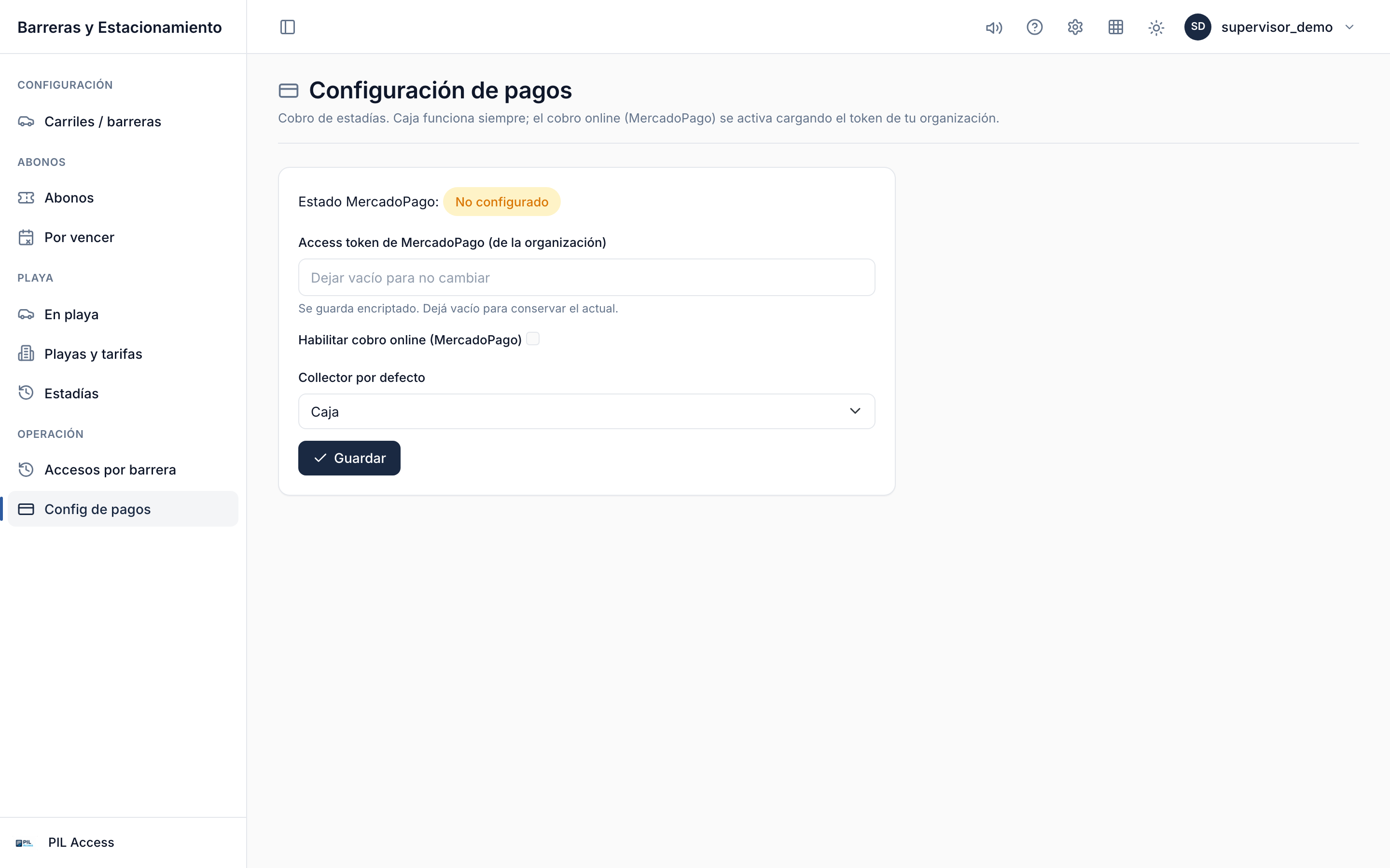 Configuración de cobro — caja, MercadoPago online y link/QR.