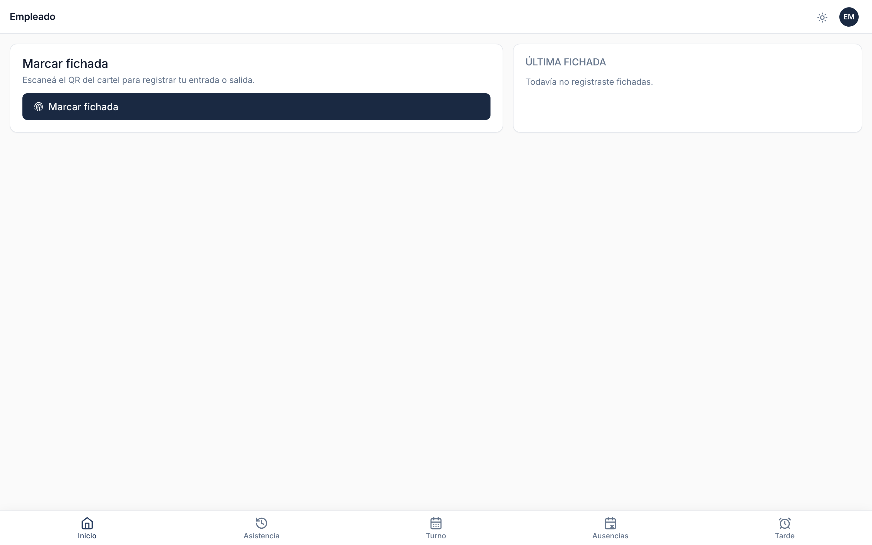Inicio del portal, con el acceso para marcar fichada y la última fichada registrada.