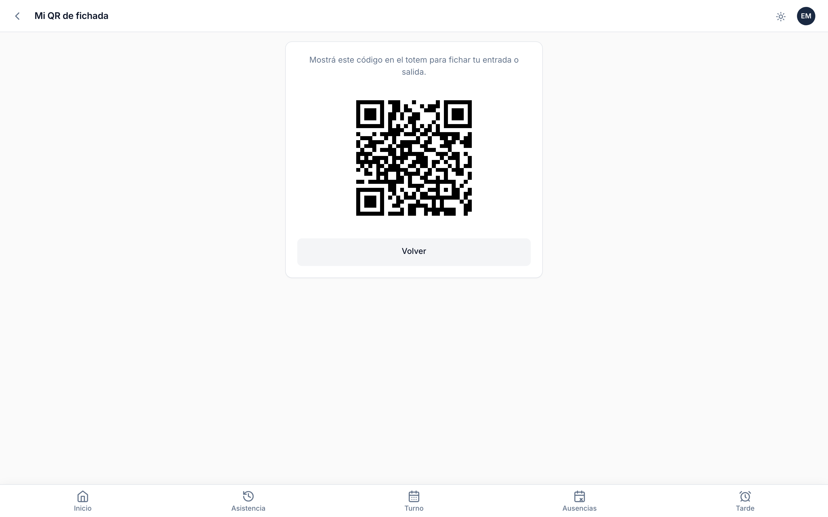 Mi QR de fichada — el código rotativo que el empleado muestra al totem.