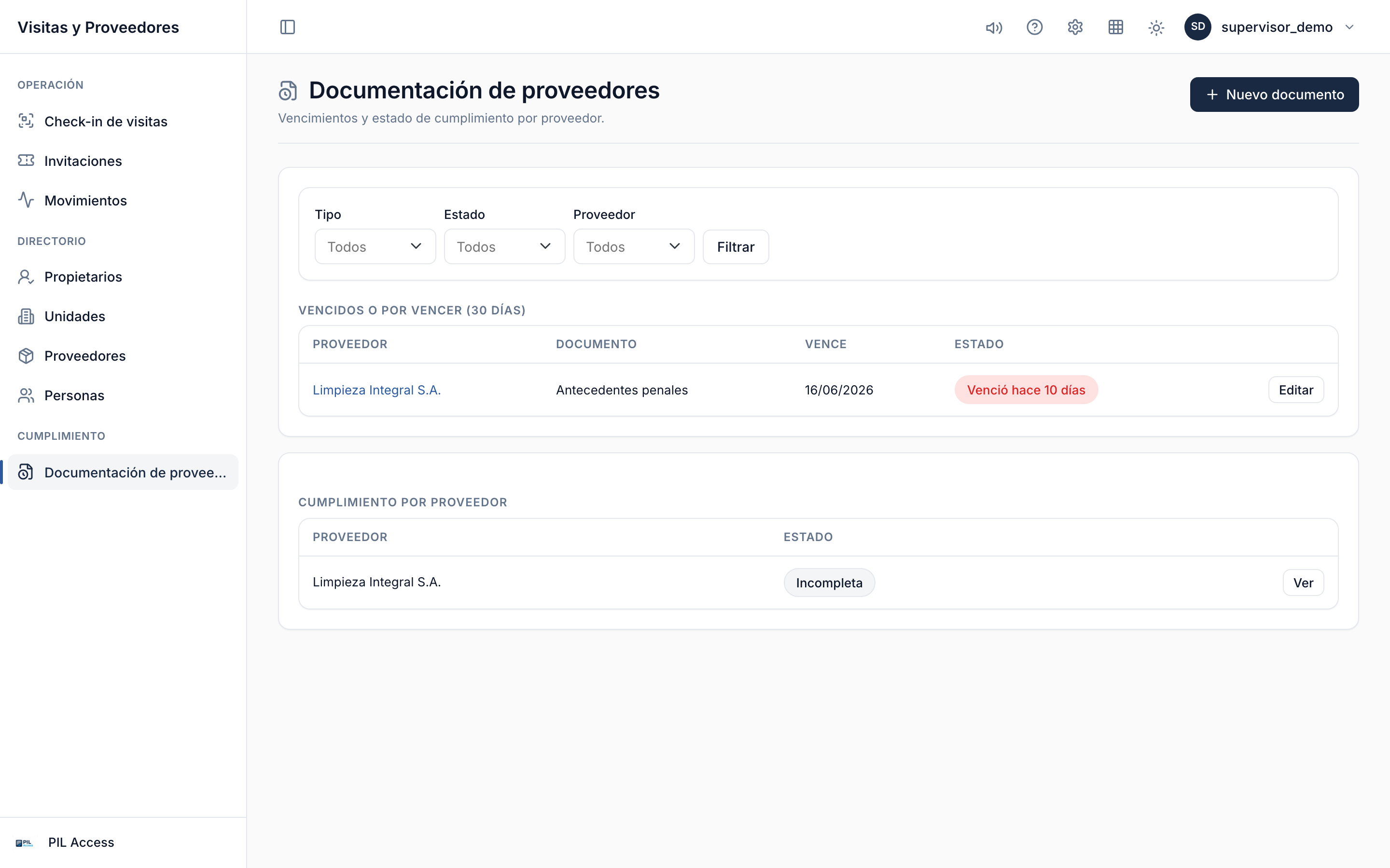 Tablero de documentación con los vencimientos próximos.