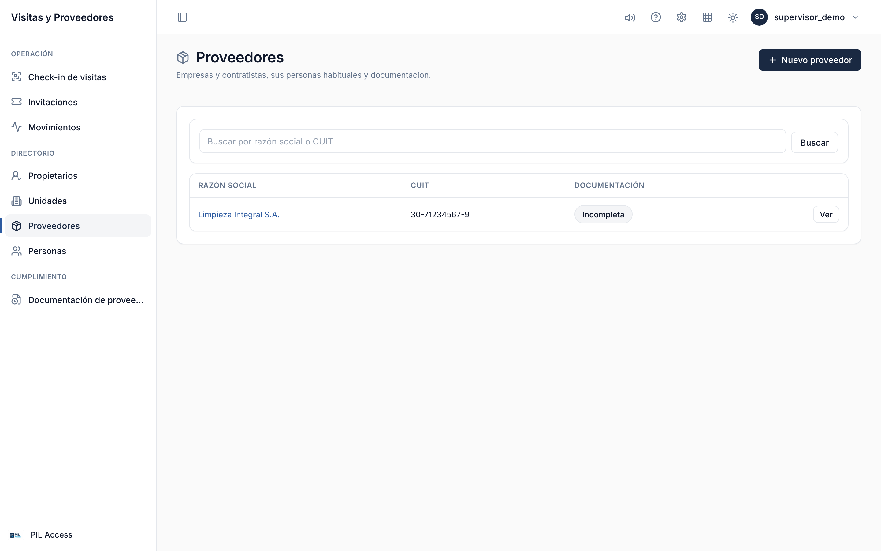 Directorio de proveedores con el indicador de cumplimiento de cada empresa.