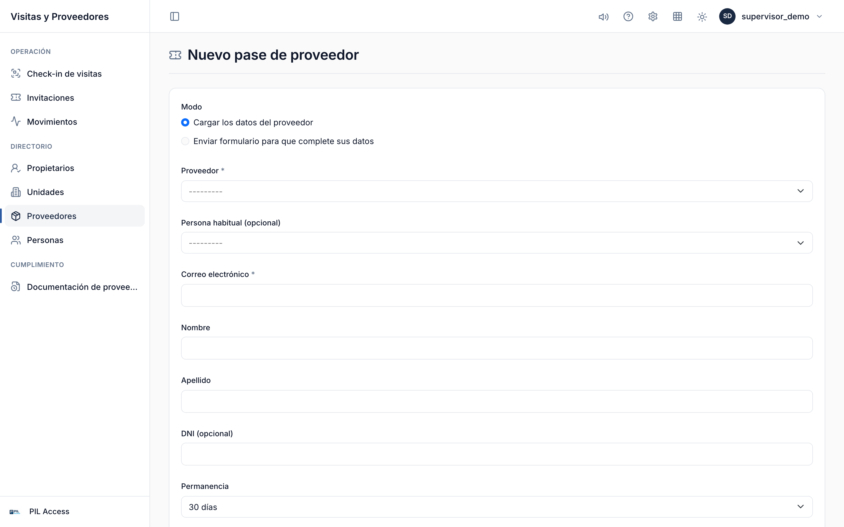 Emisión de un pase de ingreso para un proveedor.