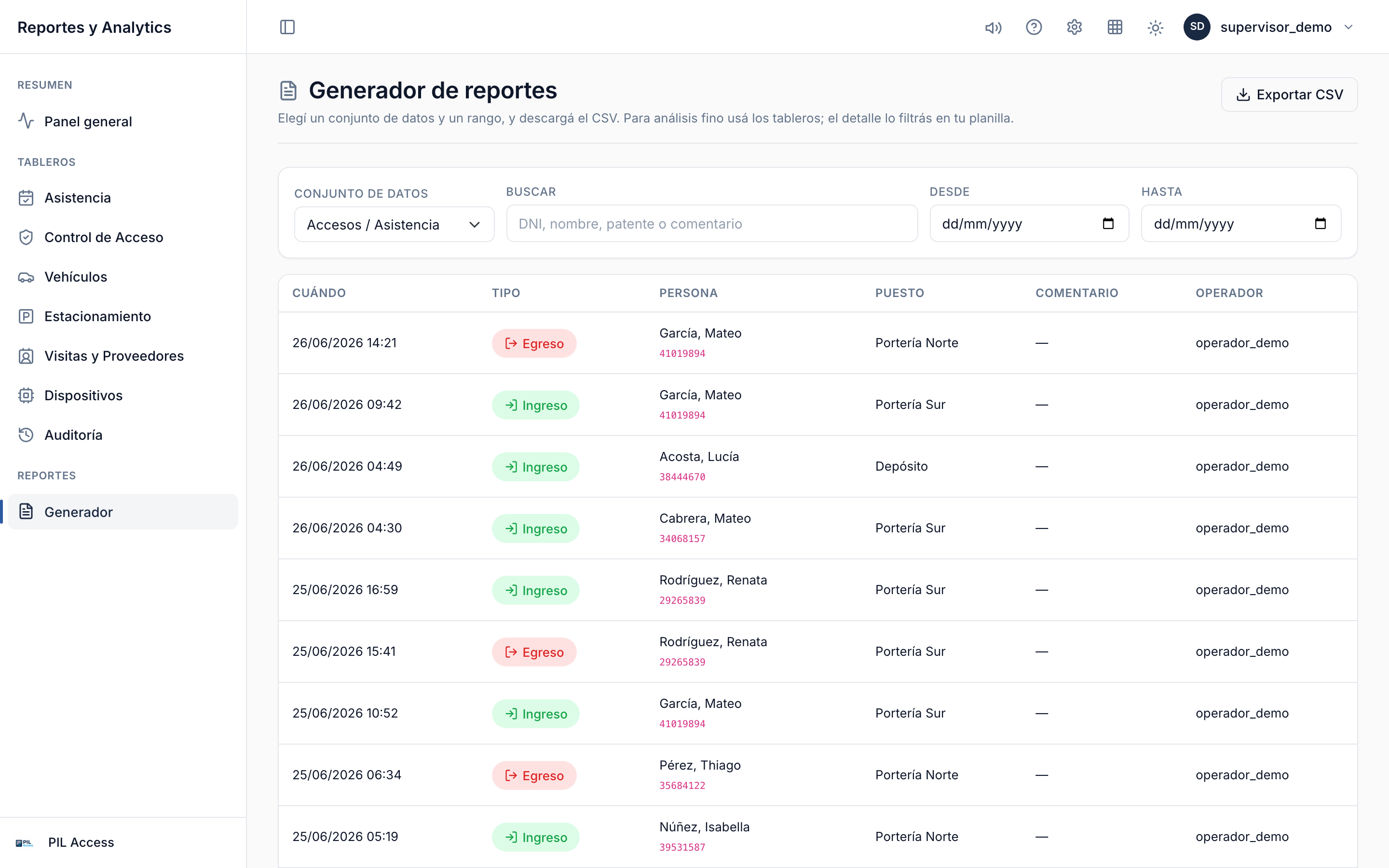 Generador de reportes descargables, con filtros y vista previa de resultados.