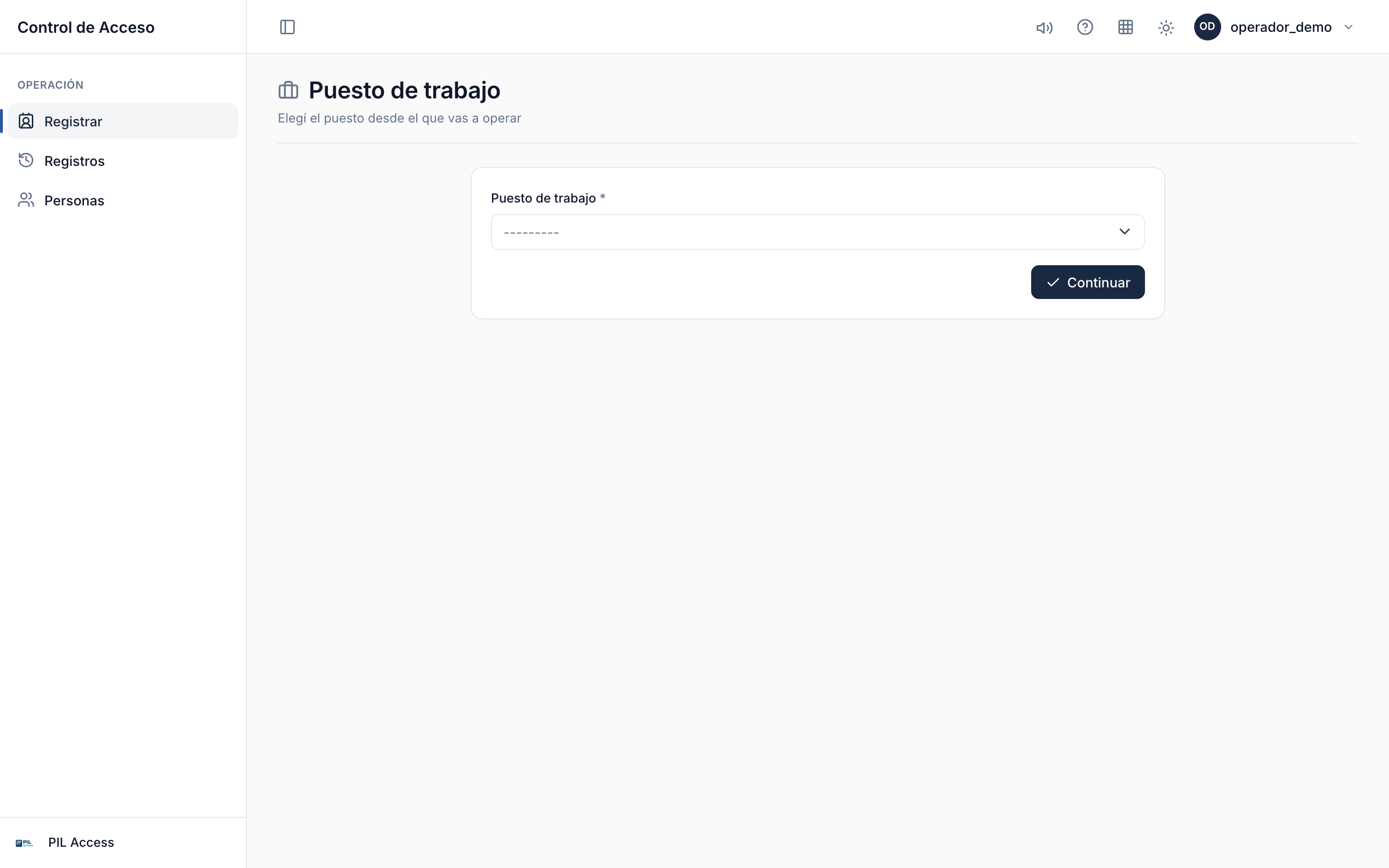 Pantalla de selección de puesto al iniciar el turno.