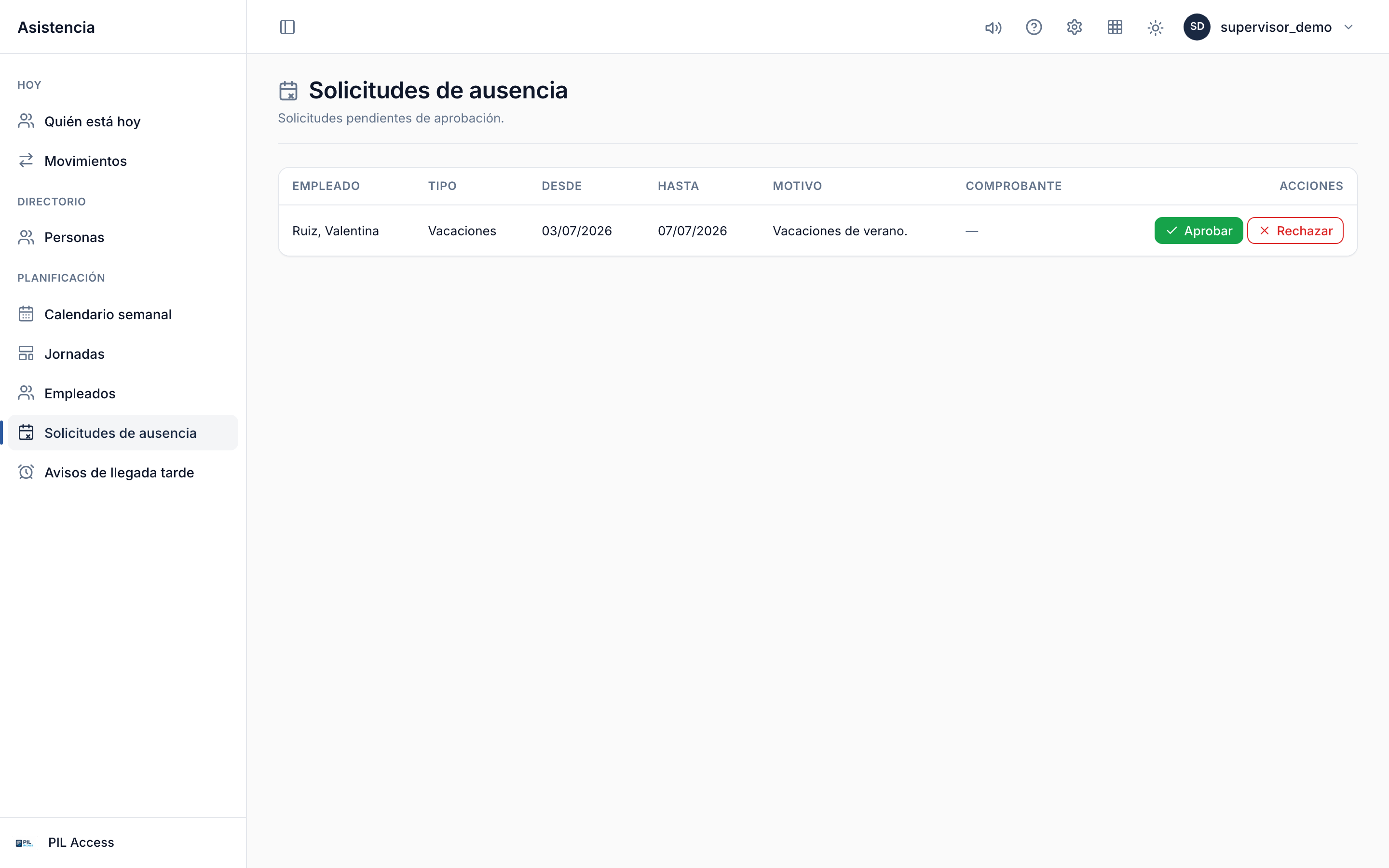 Bandeja del supervisor con las solicitudes de ausencia pendientes de aprobar.