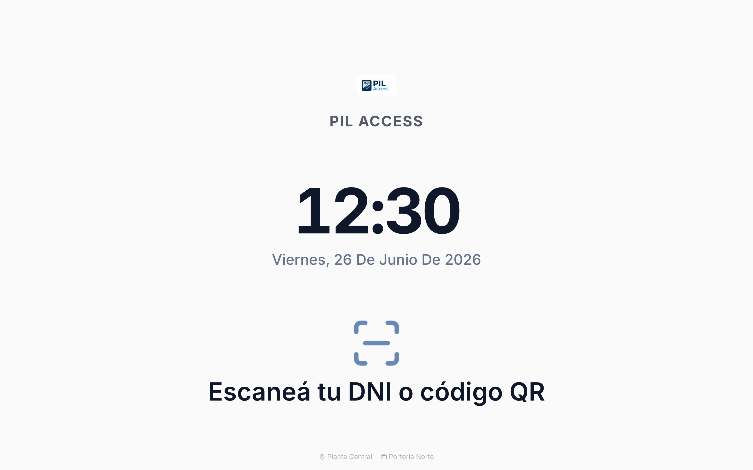 Pantalla de espera del totem con reloj, logo y el aviso para escanear.