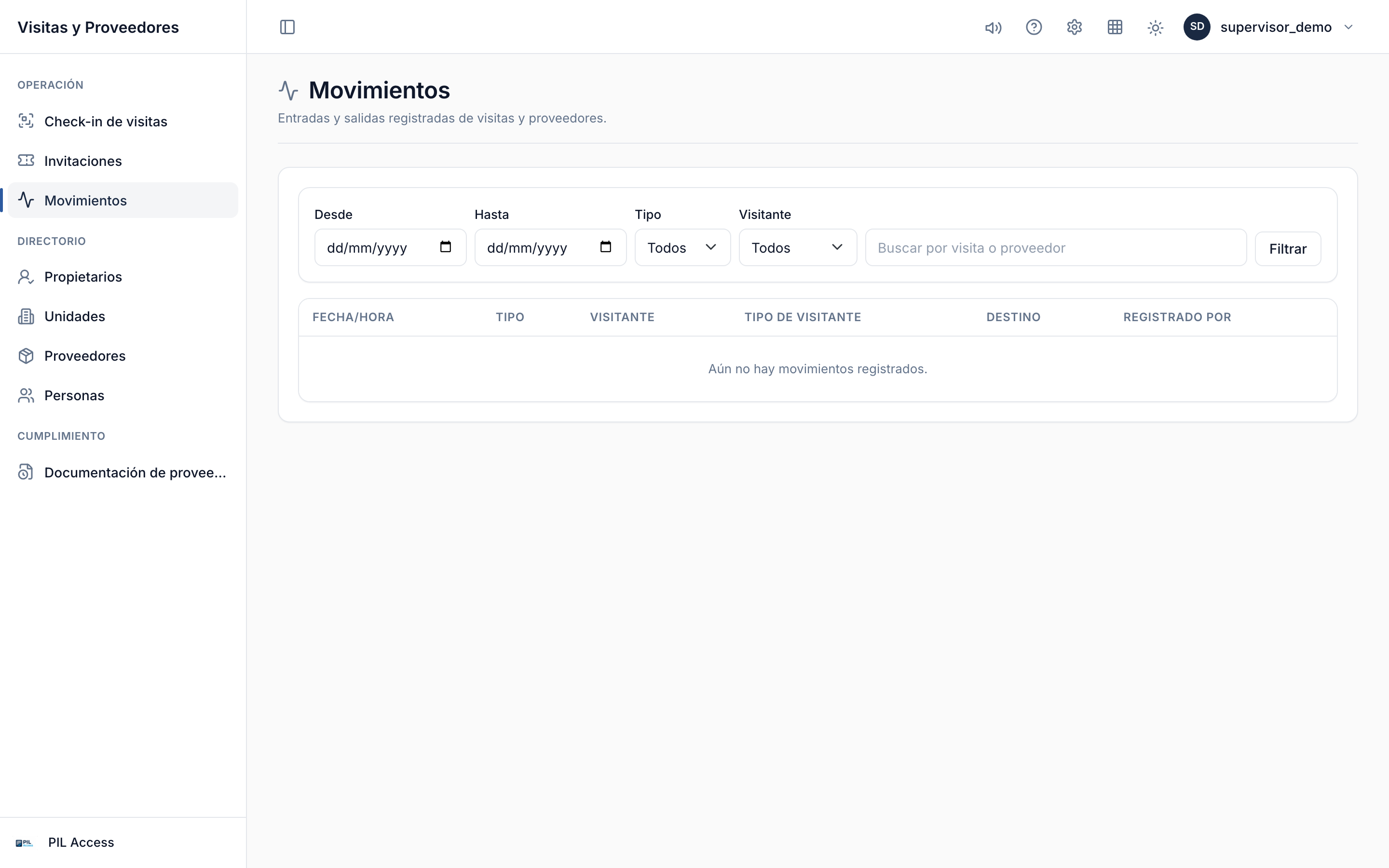 Movimientos — todas las entradas y salidas de visitas y proveedores en una sola tabla.